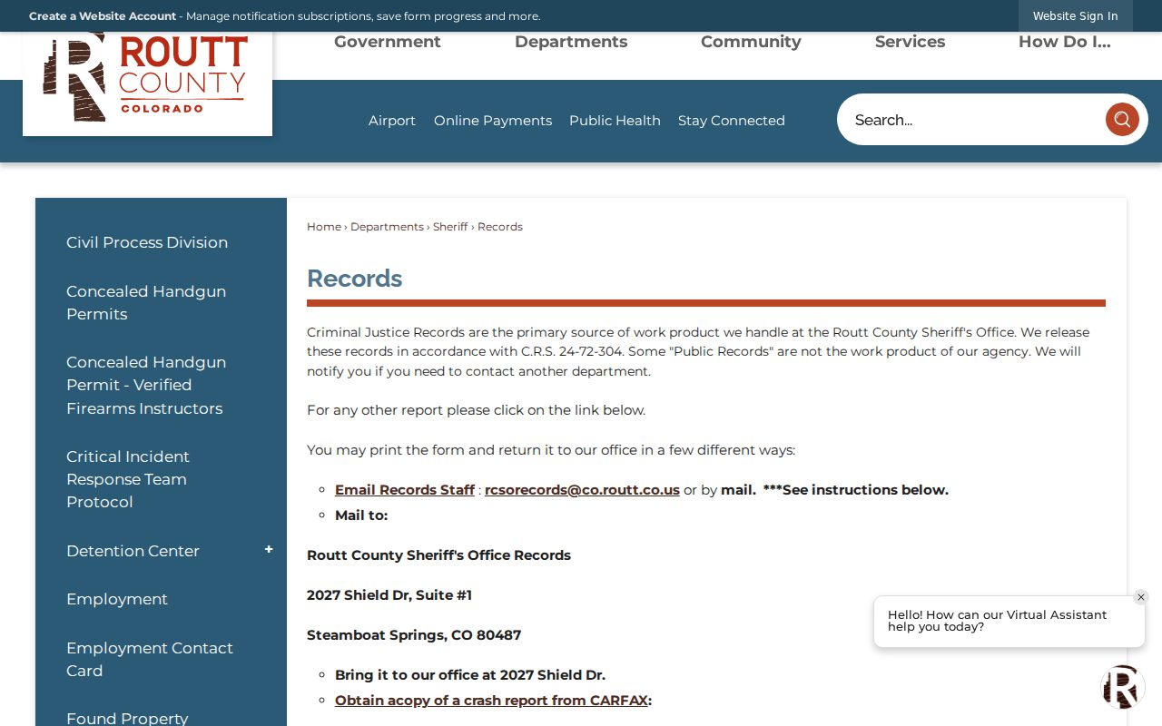 Routt County Sheriff's Office records request page