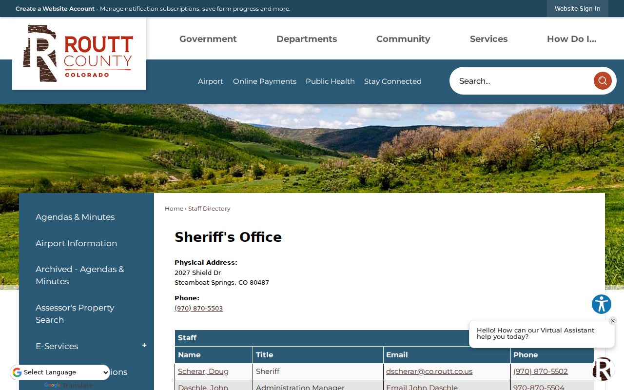 Routt County Sheriff's Office directory and contact page