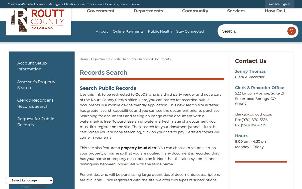 Routt County recorded documents page explaining GovOS search and copy access