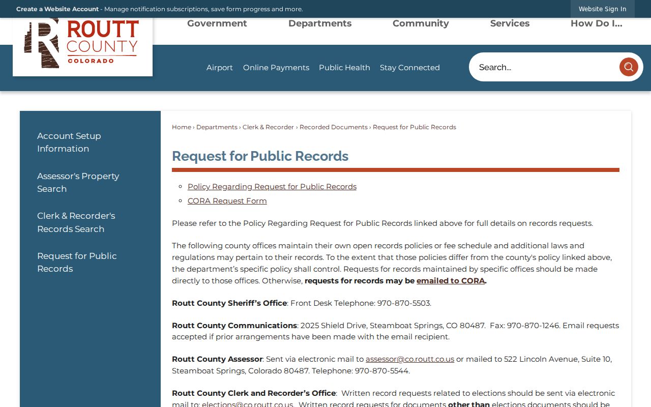 Routt County public records request page with office-specific request routing