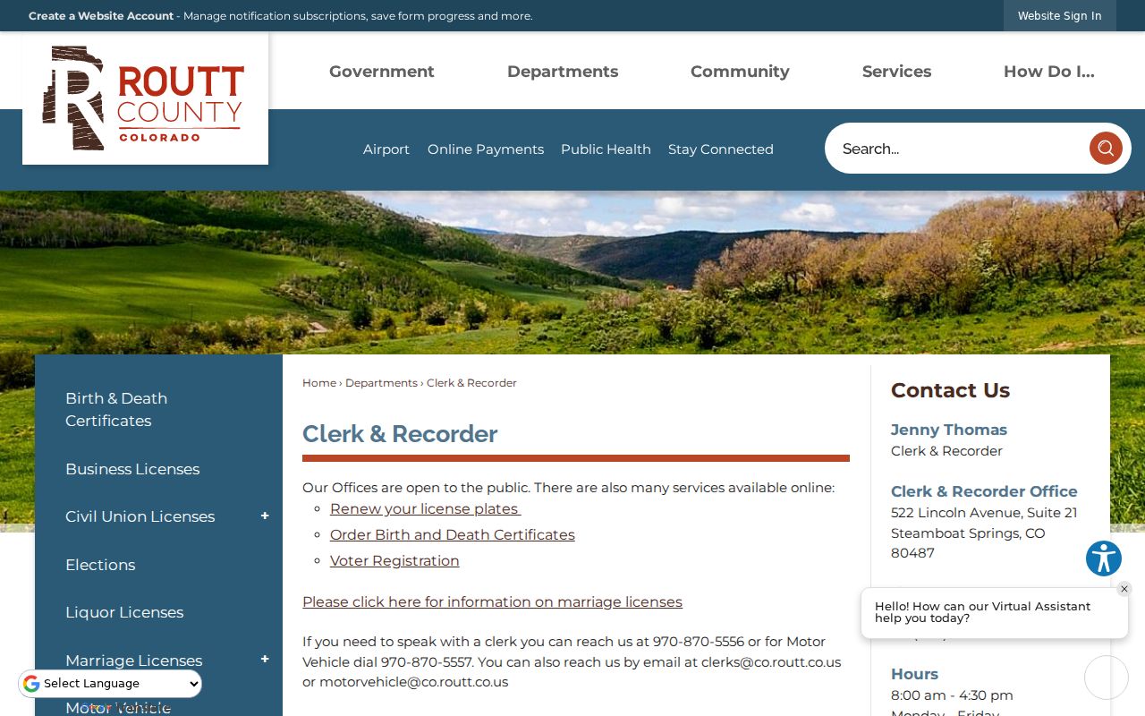 Routt County Clerk and Recorder page showing county recording and licensing services