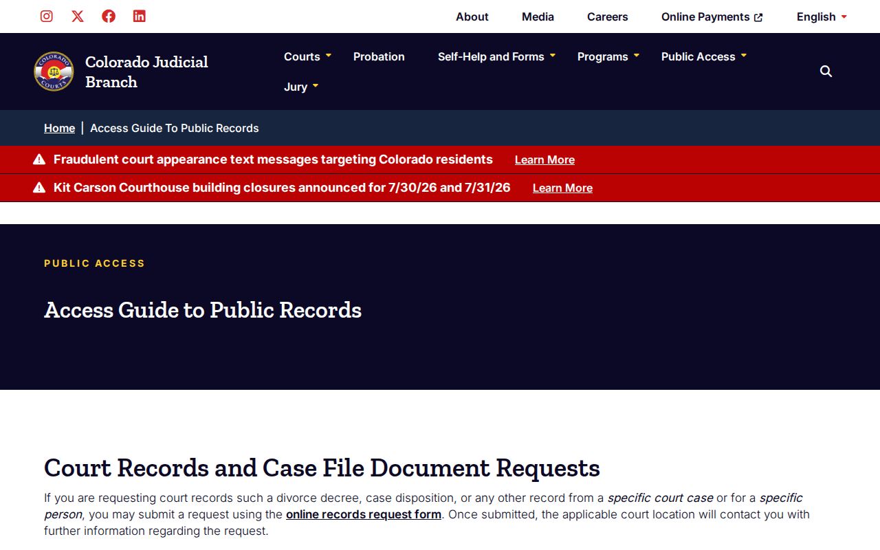 Routt County probate records Colorado Judicial Branch public records access guide