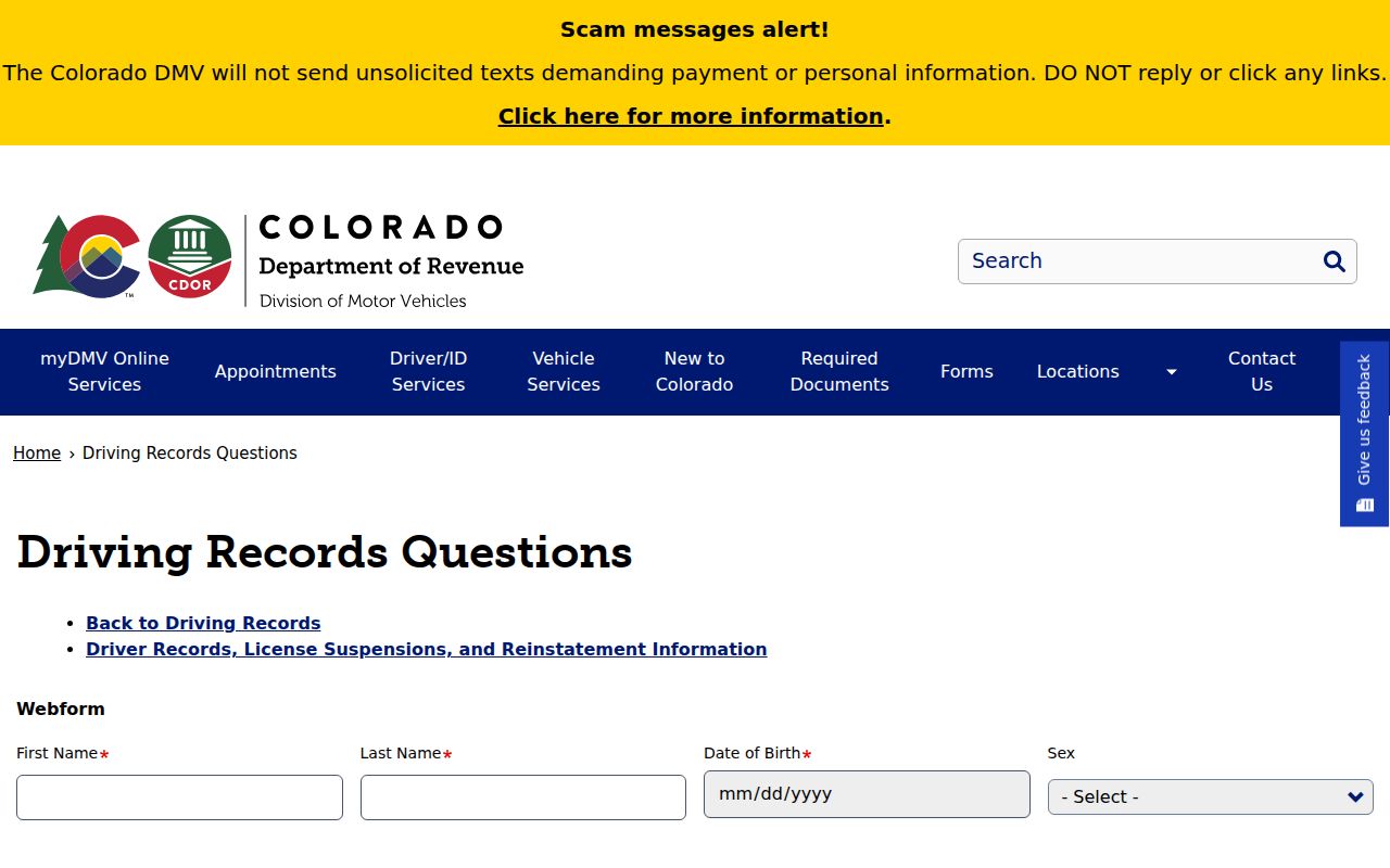 Routt County traffic court records Colorado DMV driving record questions form