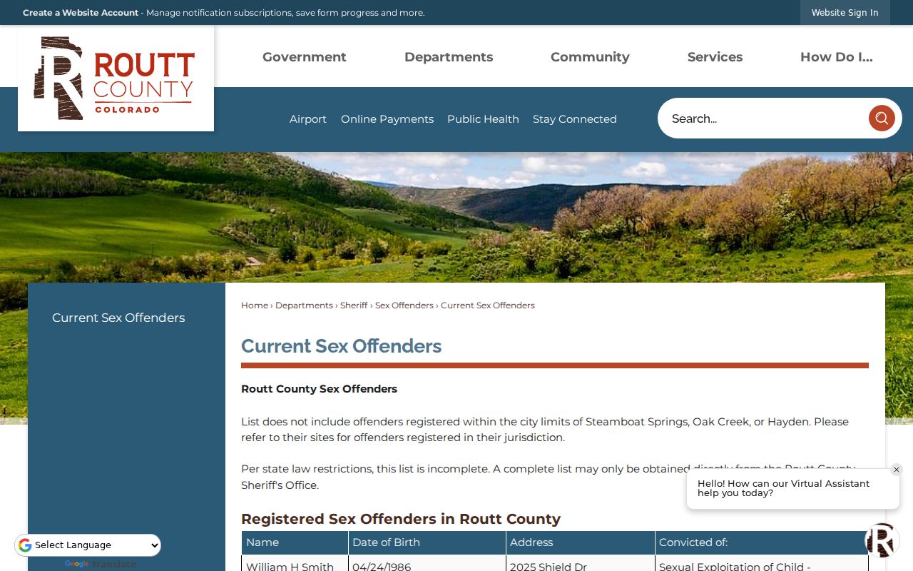Routt County current sex offenders page