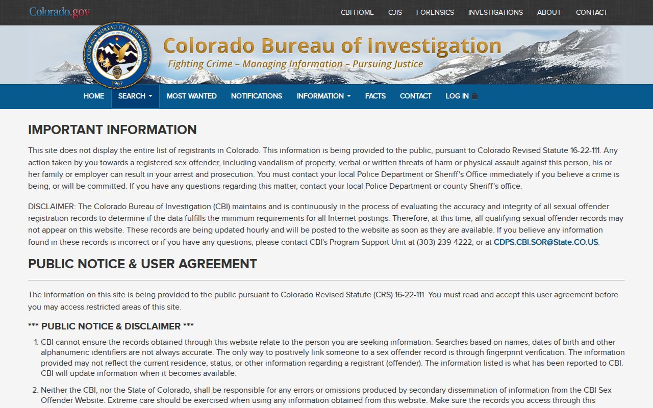 Colorado sex offender registry agreement and search page